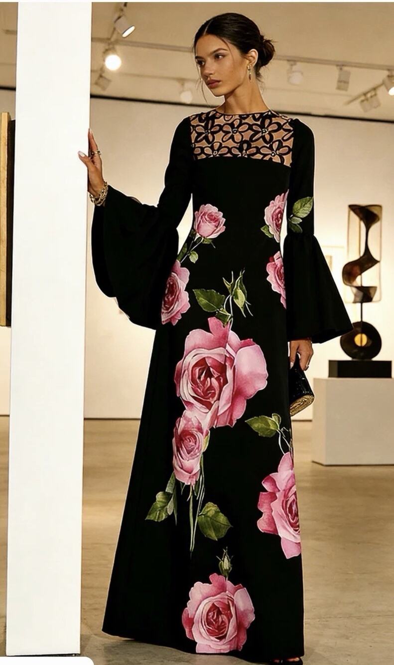 UOOZEE Rose Floral Maxi Dress Large Black Pink Flared Bell Sleeve Illusion NWT